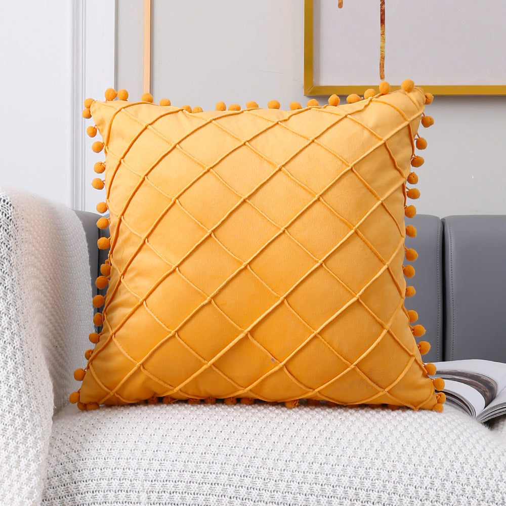 Plush Ball Plaid Pillow Cover