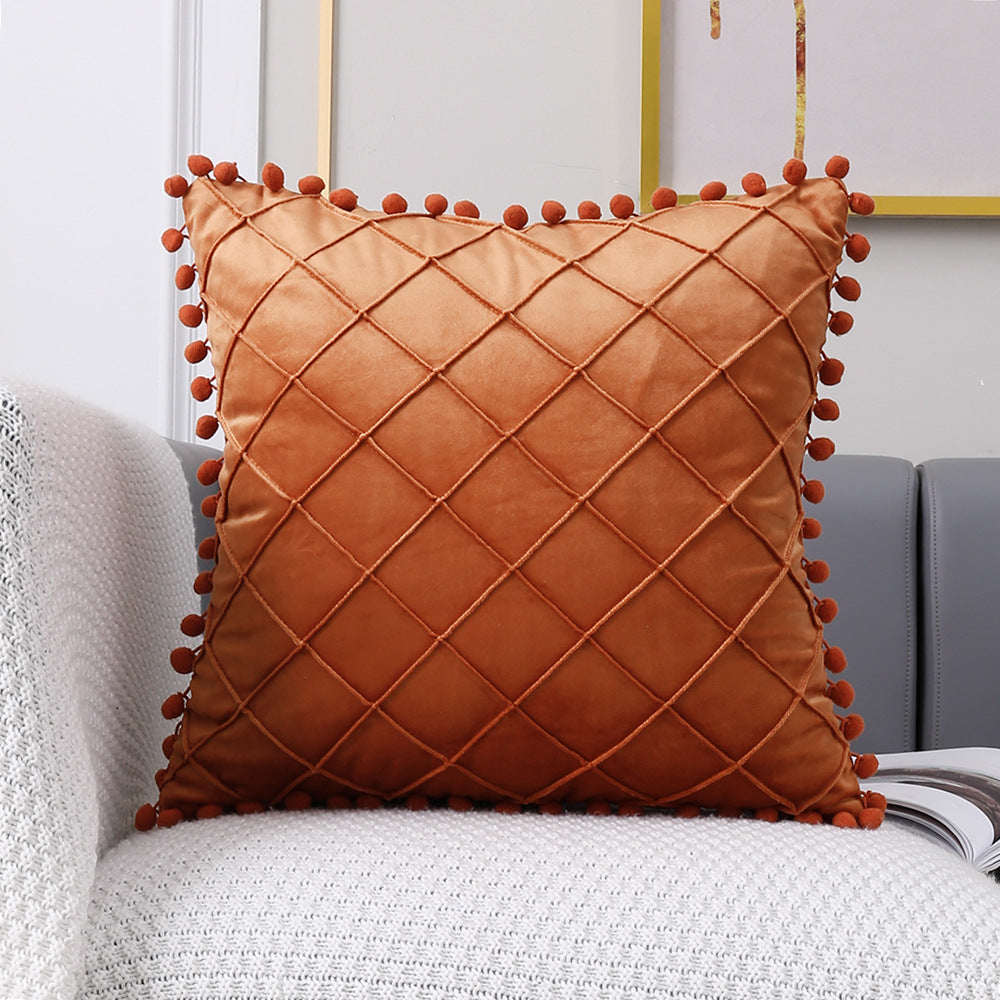 Plush Ball Plaid Pillow Cover