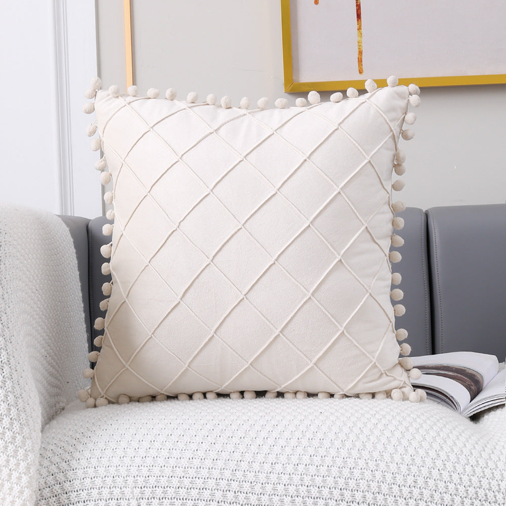 Plush Ball Plaid Pillow Cover