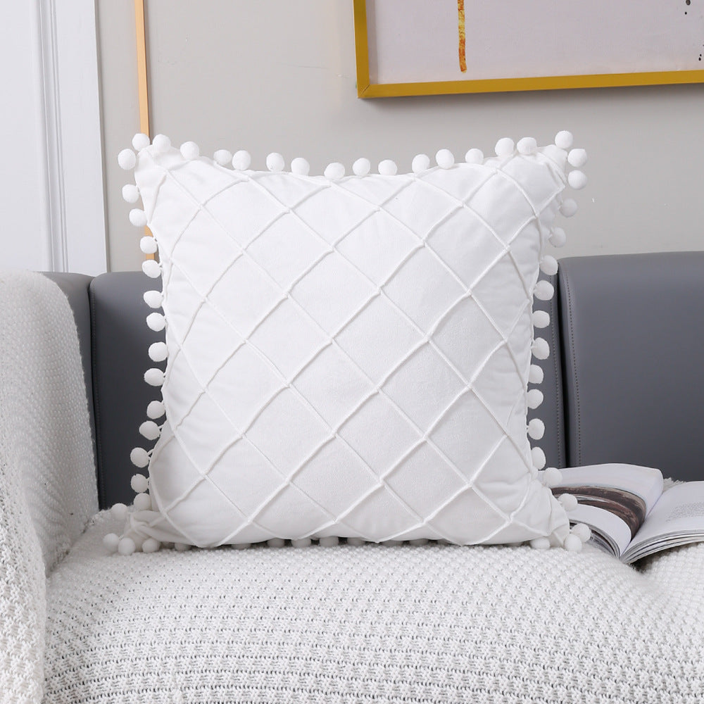 Plush Ball Plaid Pillow Cover