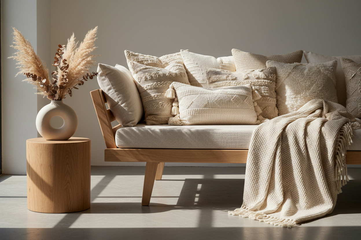 Pillow covers, blankets and vases showcase