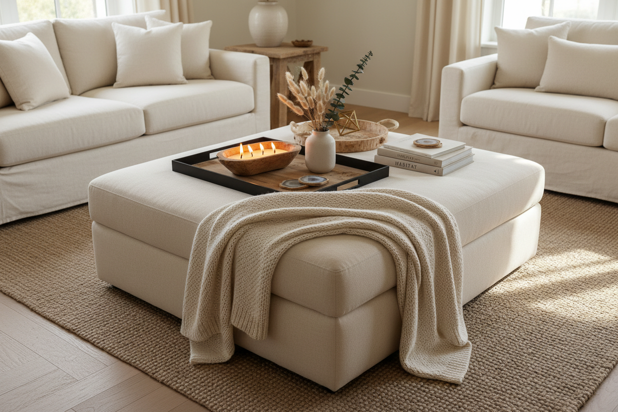 Styled ottoman with store products